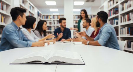 Diverse group of young adults engaged in team discussion at university library study session. concept of collaboration, education, academic group work.の写真素材