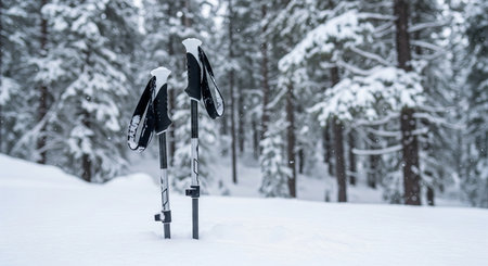 Ski poles standing upright in a snowy winter forest with tall trees in the background. concept of winter sports, outdoor adventure, snow-covered landscape.の写真素材
