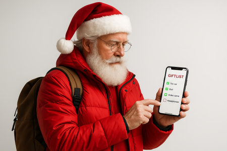 Modern santa claus checking smartphone gift list in stylish red jacket with backpack. concept of tech-savvy christmas, holiday preparation, festive traditions.の写真素材