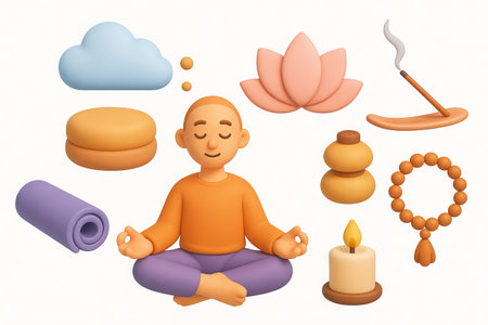 Illustration of meditation and yoga essentials with monk, cloud, lotus, incense, mat, beads, candle. concept of relaxation mindfulness spiritual practice SETの写真素材