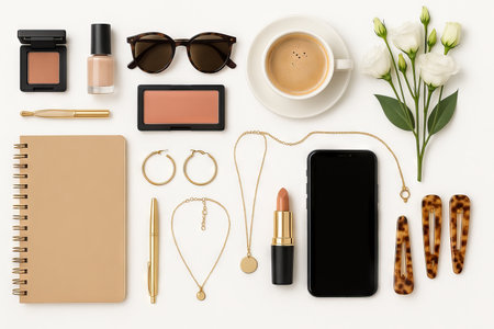 Flat lay of elegant accessories with makeup, coffee, and flowers for a simple and stylish composition on a beige background, SET.の写真素材