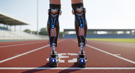 Athlete with advanced bionic prosthetic legs standing on running track ready for race. Concept of prosthetic limb innovation, adaptive sports, human performance enhancement, inclusive athletics.の写真素材