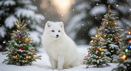 Adorable arctic fox in snowy winter Christmas wonderland surrounded by colorful festive christmas...