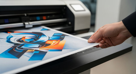 Abstract geometric design printed on modern printer with person holding paper sheet. concept of...