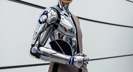 Futuristic female humanoid robot with sleek metallic design showcasing advanced technology and artificial intelligence. concept of innovation, robotics, technological evolution.の写真素材