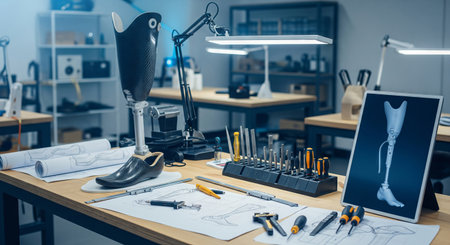 Modern prosthetic leg design in advanced workshop environment with tools and blueprints. concept of...