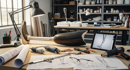 Prosthetic leg design and development process in a modern engineering workshop with tools,...