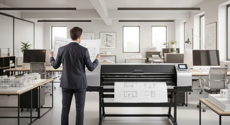 Architect in professional office reviewing blueprints at large printer for building design concept of architecture, office environment, construction plans, work efficiency.の写真素材