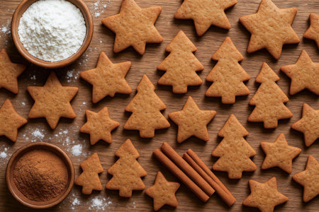 Gingerbread star and tree cookies on wooden table with flour and cinnamon for holiday baking. concept of festive treats, winter baking, christmas preparation.の写真素材
