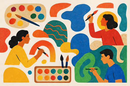 Abstract art illustration of diverse artists painting with brushes and palettes. concept of creativity, colorful expression, artistic inspiration.の写真素材