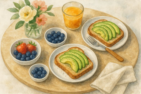 Organic breakfast watercolor featuring avocado toast with fresh berries and juice on rustic table. concept of healthy eating, artistic food illustration, nutritious morning meal.の写真素材