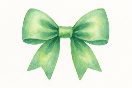 Green watercolor bow illustration with simple design on white background. concept of decorative art, ribbon, holiday decoration.の写真素材
