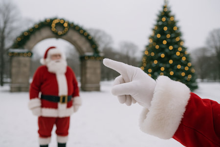 Santa's gloved hand pointing with festive christmas tree and arch in snowy park setting. concept of holiday celebration, winter festivity, santa claus magic.の写真素材