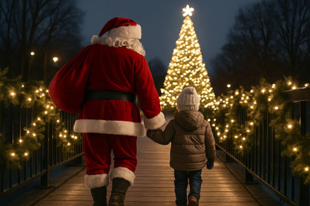 Santa claus holding hand of child on bridge illuminated by christmas lights with glowing tree in background. concept of festive holiday season, magical winter night, family bonding.の写真素材