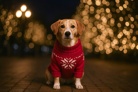 Dog in christmas sweater posing in front of festive holiday lights at night. concept of holiday spirit, cute pet photography, winter celebrationの写真素材