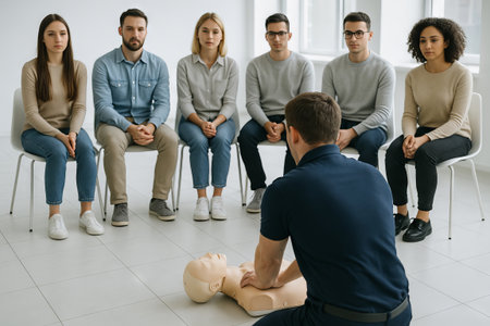 Man teaching a group of adult people cardiopulmonary resuscitation techniques on a medical dummy. First aid training and health education concept.の写真素材