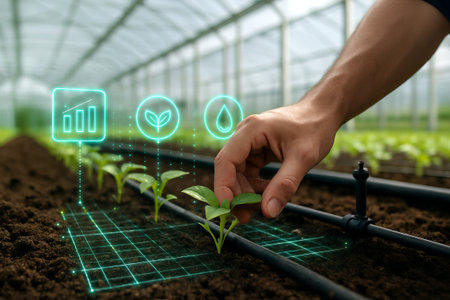 Man interacting with plant in smart farm greenhouse. Smart farming technology with digital interface for crop monitoring and agricultural innovation.の写真素材