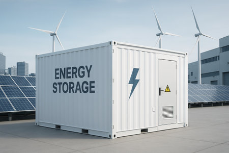 Energy storage container with solar panel and wind turbine. Sustainable power grid system using renewable energy sources for electricity generation.の写真素材
