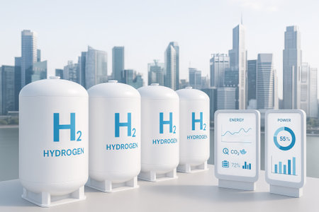 Hydrogen storage tanks with digital energy and power metrics. Renewable green energy H2 production for sustainable future and clean environment.の写真素材