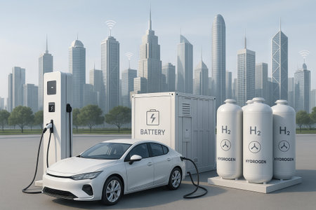 Electric car charging with alternative energy solutions in smart city. EV power station and hydrogen fuel for sustainable future transportation.の写真素材