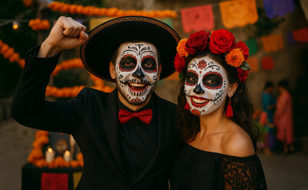Happy man and woman in traditional santa muerte makeup posing for Day of the Dead celebration. Festive couple with sugar skull face art.の写真素材