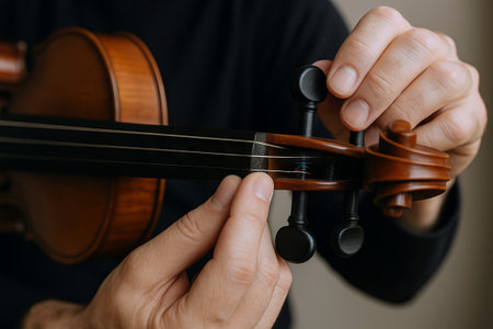 Musician tuning a violin. Woman adjusting the peg of a string instrument. Musical practice and preparation for a concert or performance.の写真素材