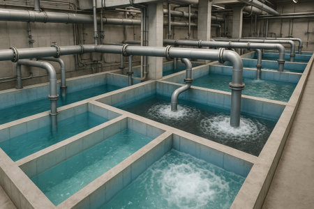 Industrial water treatment plant with pipelines and multiple basins. Water purification or wastewater treatment system for environmental conservation concept.の写真素材