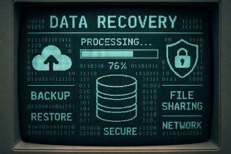 Data recovery concept on vintage monitor screen. Processing of restoring files, backup, database with cloud storage and security network.の写真素材