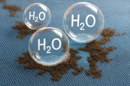Bubbles with h2o symbol floating above a fabric surface with water repellent nanotechnology coating protecting it from liquid.の写真素材