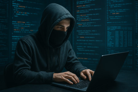 Man hacker in a black hoodie and mask typing on laptop keyboard with binary code background. Concept of cyber crime, data theft, and internet security threat.の写真素材
