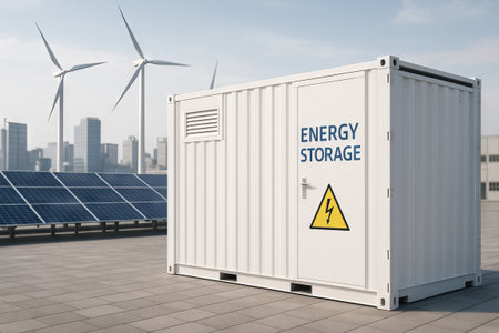Energy storage container with solar panel and wind turbine in city. Concept of green energy and smart grid solution.の写真素材