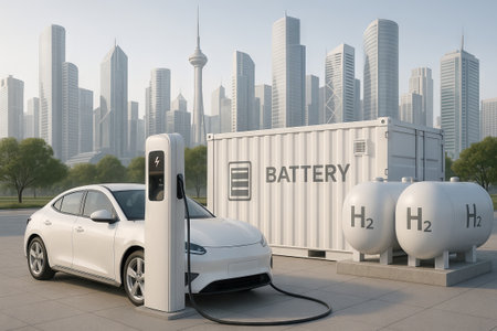 Electric car charging at station powered by hydrogen tanks and battery storage. Sustainable energy infrastructure for green transportation.の写真素材