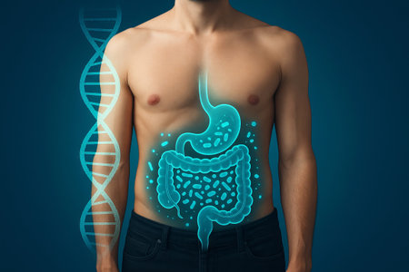 Man with glowing digestive system and DNA strand. Gut health and microbiome concept for medical and health publications.の写真素材