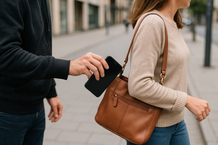 Man stealing a womans phone from her bag while she walks on a street. Pickpocket crime prevention and awareness concept.の写真素材