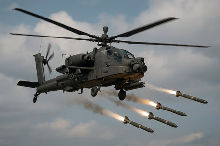 Military helicopter firing missiles across the sky. Combat helicopter in action, showcasing defense technology and modern warfare concept.の写真素材
