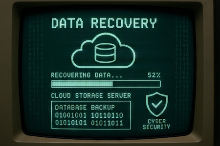 Data recovery on computer screen showing cloud storage server, database backup, and cybersecurity shield with binary code backdrop.の写真素材