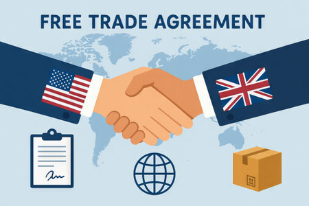 Handshake between caucasian man with American flag and caucasian man with British flag for free trade agreement. Global business partnership concept.の写真素材