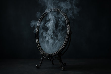 Ornate vintage mirror with smoke rising from its surface. Mystical object for fantasy design. Halloween, magic and mystery concept art.の写真素材