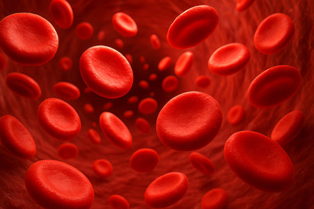 Red blood cells flowing through a vein or artery. Medical visualization of blood circulation for healthcare and education concept.の写真素材