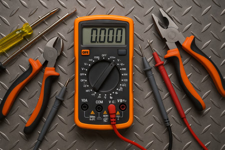 Digital multimeter with various electrical tools on a metal background. Electronic measurement...