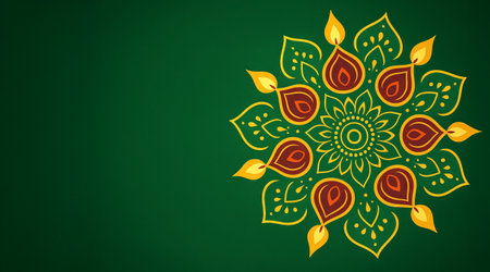 Indian mandala pattern with diya lamps on green. Traditional Diwali festival and spiritual celebration backdrop for greeting card design. banner, copy space.の写真素材