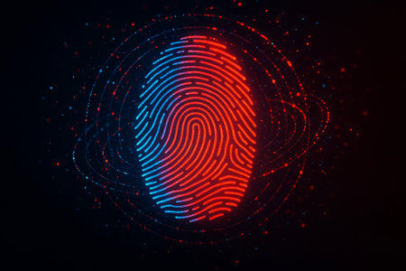Digital fingerprint with glowing blue and red lines. Biometric identification system with secure technology concept for data protection.の写真素材