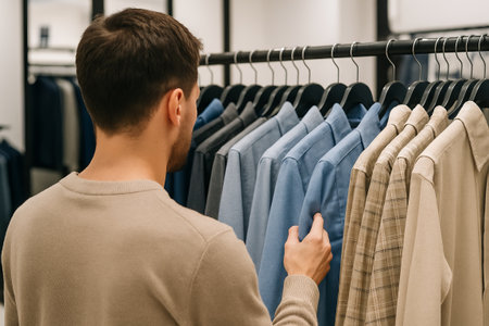 Man choosing shirt from rail in clothing store. Male shopper browsing new collection in boutique. Fashion and style concept for retail industry.の写真素材