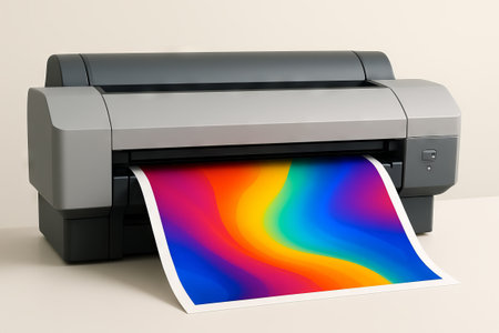 Colorful gradient print emerging from modern printer on minimalist desk. concept of printing...