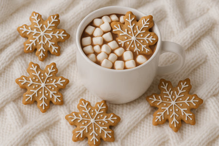 Christmas treat: hot chocolate with marshmallows and snowflake cookies on cozy sweater background. concept of festive warmth, winter comfort, seasonal indulgence.の写真素材