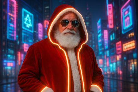 Man in Santa Claus costume with neon glow standing in futuristic city. Cyberpunk Christmas concept for holiday season. Modern holiday party.の写真素材