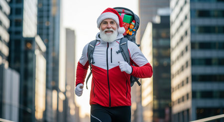 Man dressed as Santa Claus running in urban setting with backpack full of Christmas gifts. Modern festive activity for holiday season.の写真素材