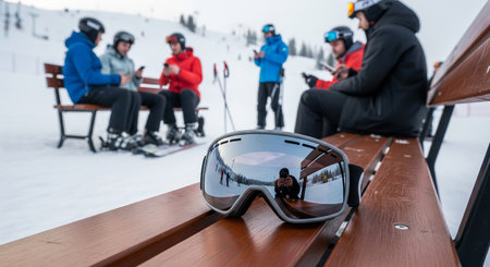 Ski goggles on snowy bench with people skiing and socializing at winter resort. concept of winter sports, social gathering, outdoor adventure.の写真素材