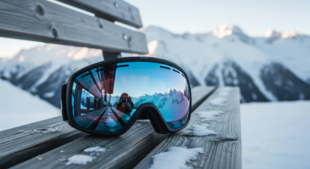 Winter ski goggles on wooden bench with scenic snowy alpine mountains reflection concept of winter sport, skiing equipment, snow adventure.の写真素材