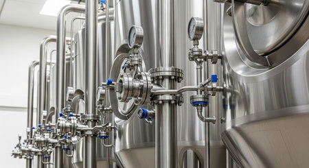 Stainless steel tanks with pressure gauges and pipes in a modern industrial setting. Production line with metallic equipment for food or beverage factory.の写真素材